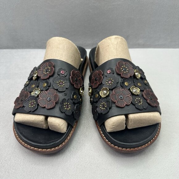 Coach Sport Slide With Tea Rose Womens Size 9 (B) Sandals Flower Rivet Leather - Picture 2 of 9